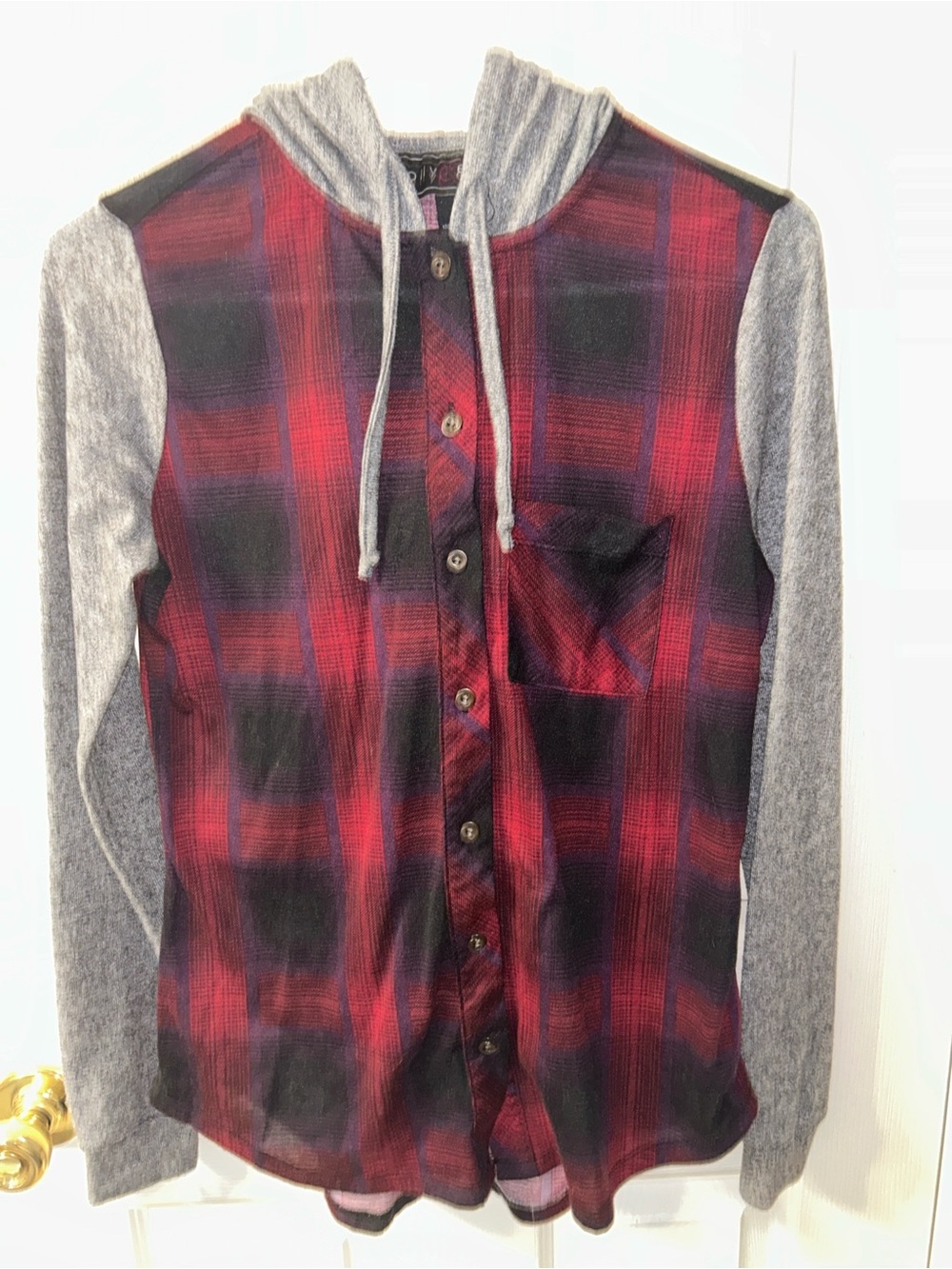Polly & Esther Red Plaid Shirt with Gray Hood